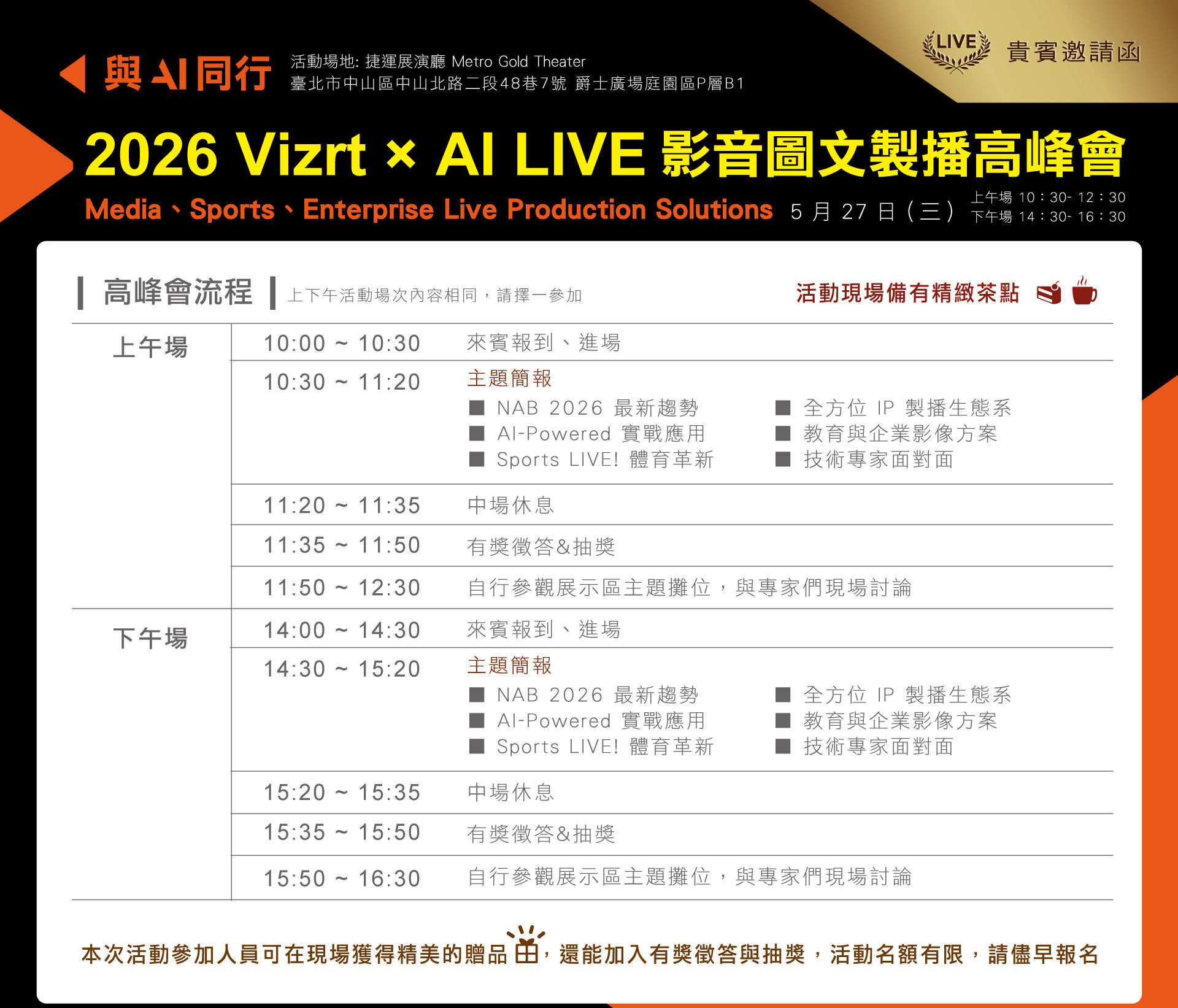 
	  高峰會議程：
	  上午場 10：30- 12：30
	  10:00-10:30 來賓入場
	  10:30-11:20 主題簡報
	  11:20-11:35 中場休息
	  11:35-11:50 有獎徵答&抽獎
	  11:50-12:30 自行參觀
	  
	  下午場 14：30- 16：30
	  14:00-14:30 來賓入場
	  14:30-15:20 主題簡報
	  15:20-15:35 中場休息
	  15:35-16:50 有獎徵答&抽獎
	  15:50-16:30 自行參觀
        