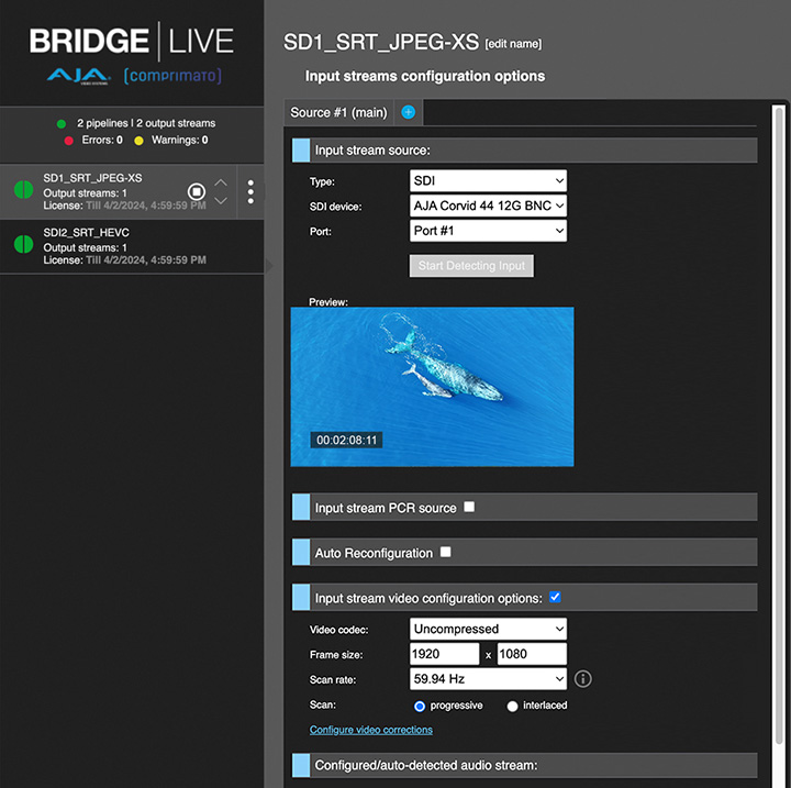 AJA BRIDGE LIVE 傳輸/編碼/發布 設定界面