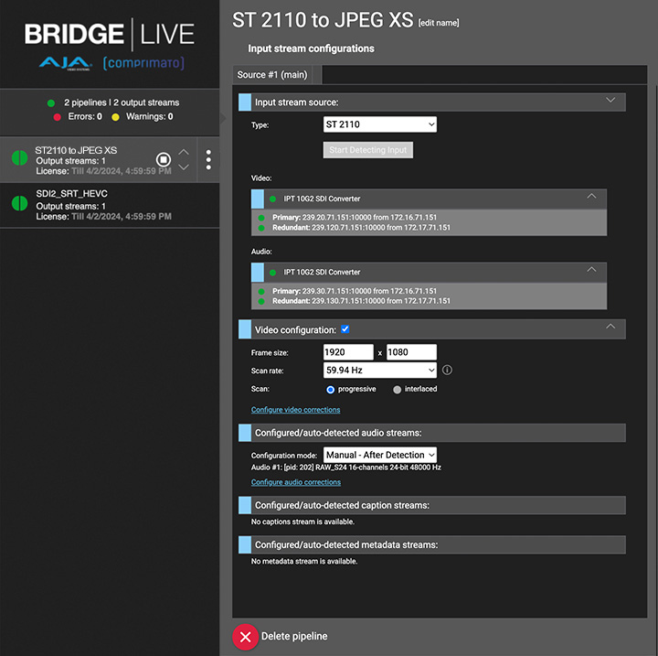 AJA BRIDGE LIVE 傳輸/編碼/發布 設定界面